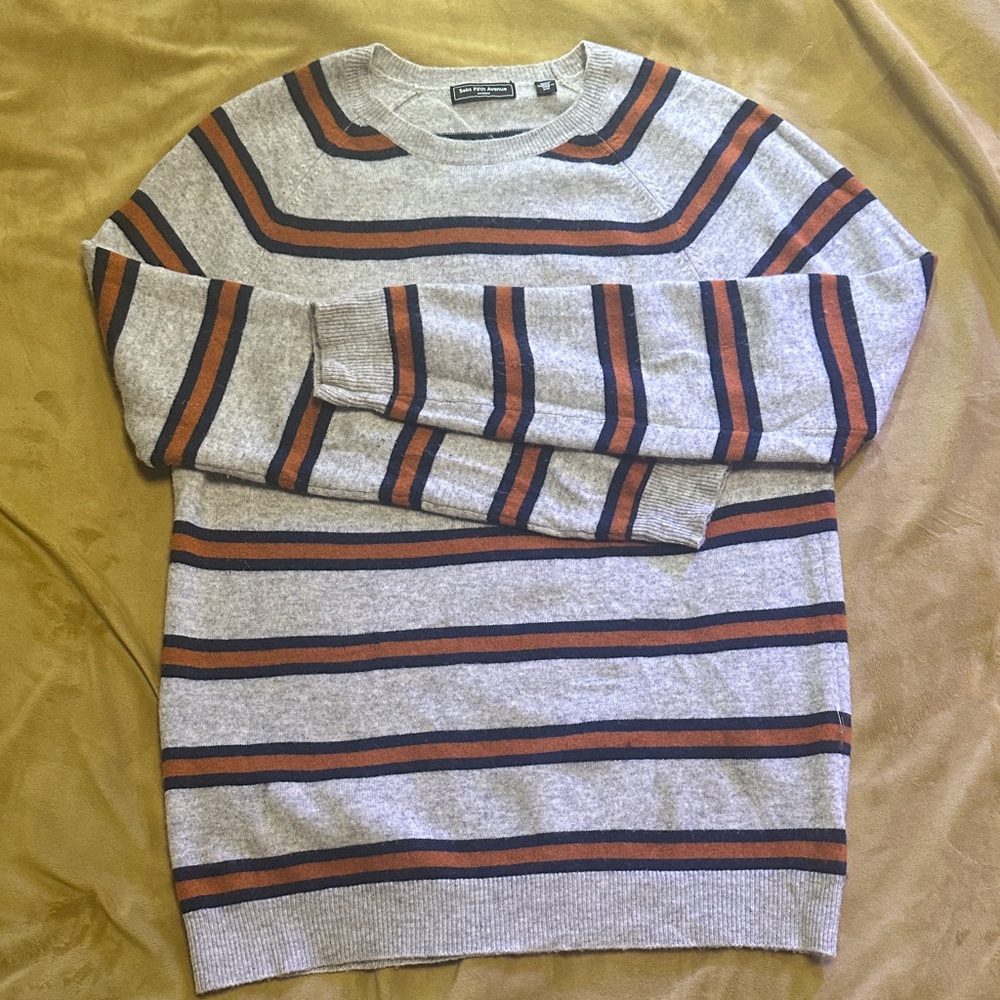 Saks Fifth Avenue Men's Crewneck Sweater - Gray with Orange and Black Stripes